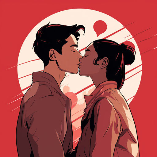 Kissing in front of heart stickers, animated style