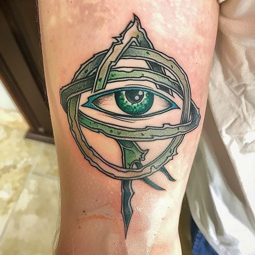 Eye of Horus tattoo in Celtic knot style with green hues