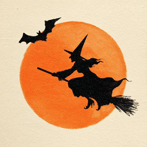 Witch Flying Against an Orange Full Moon