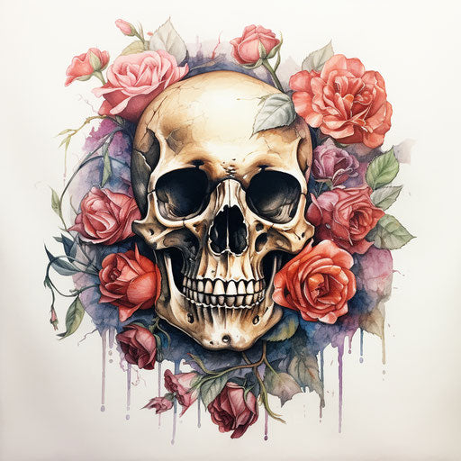 Watercolor skull and roses illustration, dystopian realism style