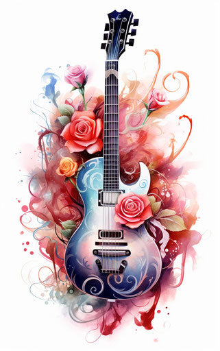 Guitar with roses and music notes, acidwave style, captivating tattoo