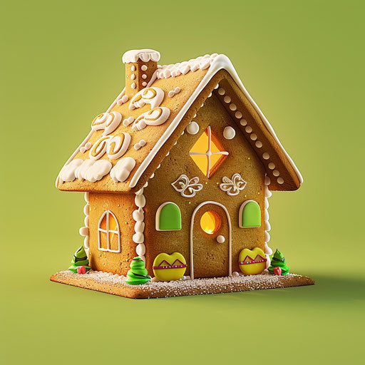 Gingerbread house on chartreuse background, realistic style