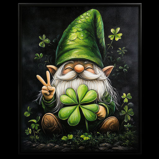 Adorable gnome with four-leaf clover in magical style