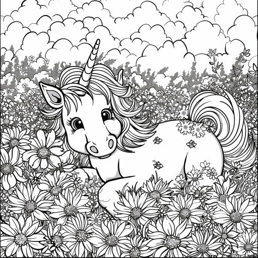 Pony playing in a field of daisies