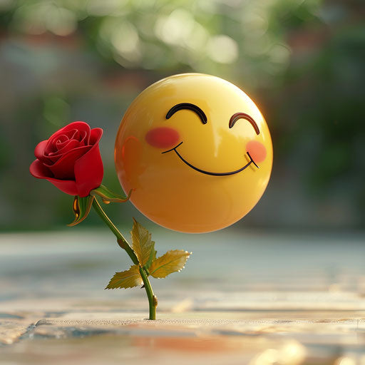 Smiling emoticon holding a red rose