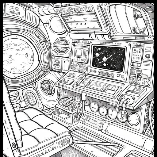 Whimsical computer in spaceship cockpit. Coloring book page