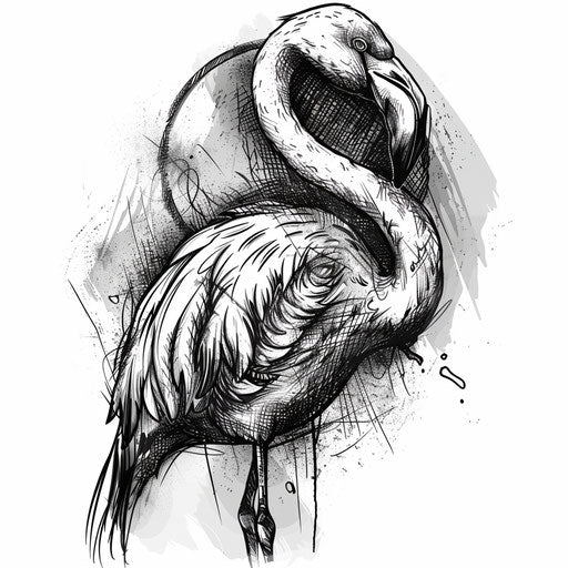 Hand-drawn flamingo tattoo design with cross-hatching and stippling on white background