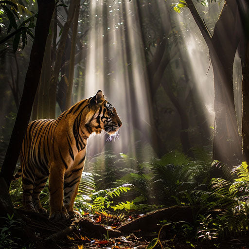 Light and shadow dancing on the tiger's form