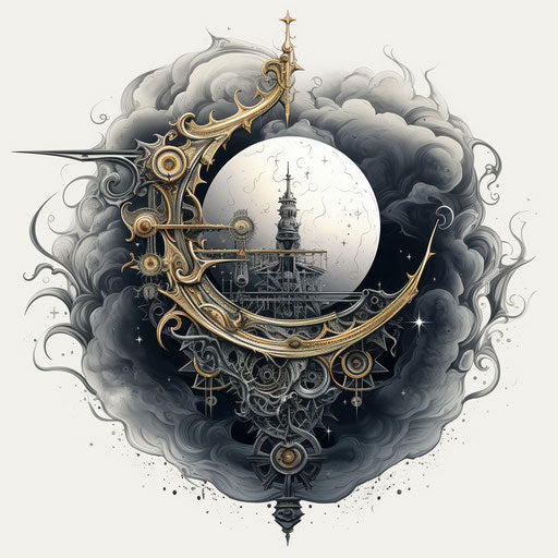 Sun, moon, wind, clouds in pencilsteampunk, monochrome canvas