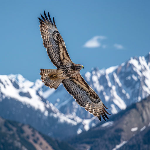Swainson's hawk soaring over a snow-capped mountain range