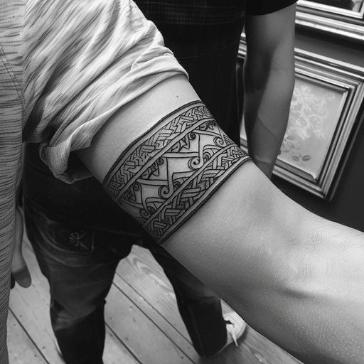 Tribal armband tattoo on upper arm in Aitchison style