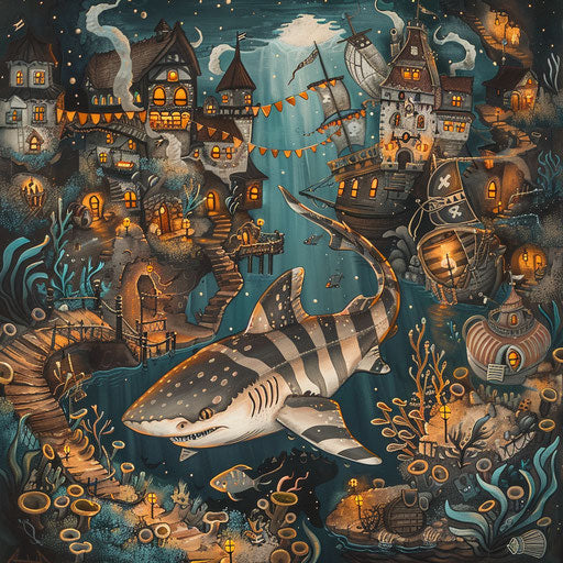 Zebra shark exploring underwater maze of sunken pirate ships and treasures