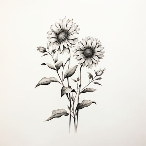 Drawings of sunflowers in black and white, minimalist tattoo style