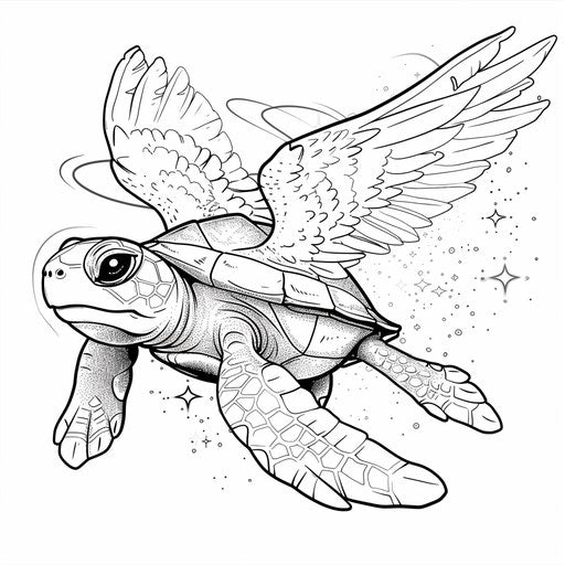 A cute turtle with angel wings floating in the sky, in the style of Ruben Ireland, Coloring book page