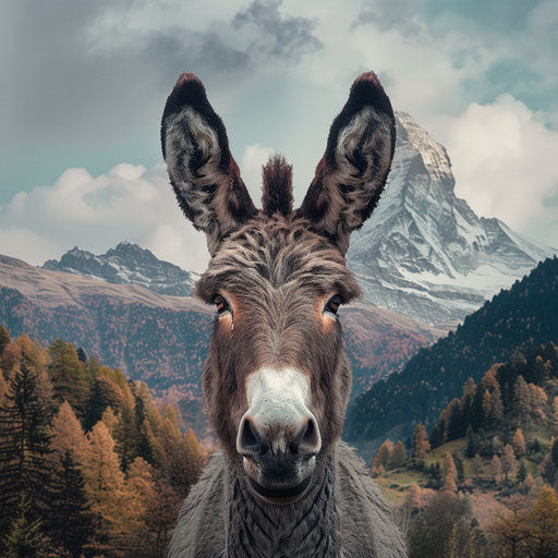 Donkey in front of majestic mountain range