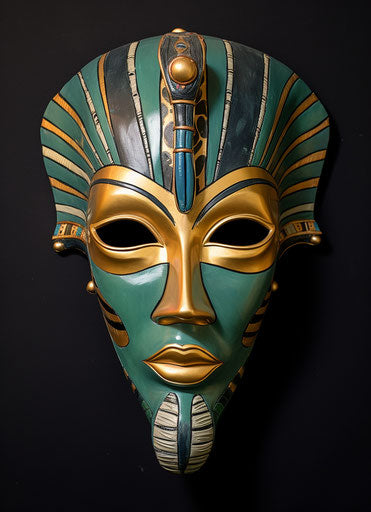 Egyptian mask in watercolor style, light gold and emerald, cobra