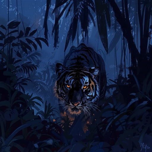 A tiger stalking its prey under the twilight, suspense in the shadowy forest