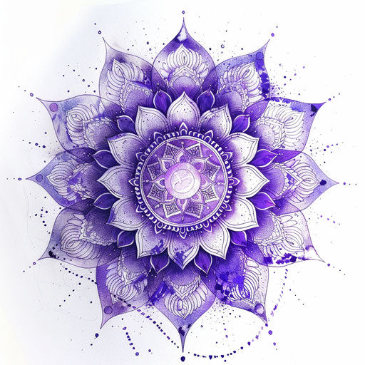 Spiritual crown chakra tattoo design, violet mandala with glowing aura on white background