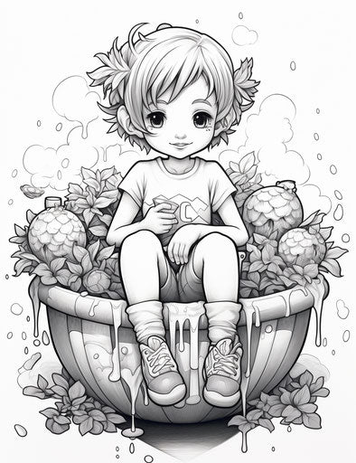 Girl sitting in a bowl, meticulous inking, captivating style