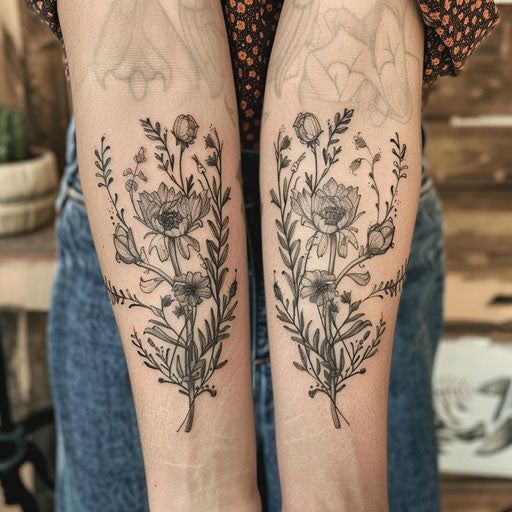 Charming tiny tattoos in the style of Maria Sibylla Merian with intricate floral patterns