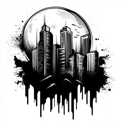 Beautiful clipart-style flat tattoo sketch of a stylized nighttime city skyline