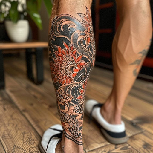Calf tattoo with Japanese influences, in the style of Ami James