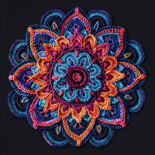 Crochet clipart rendered in a realistic style on a dark charcoal background, accentuating dramatic contrast and intricate detail