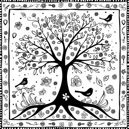 A whimsical tree with birds and flowers in springtime