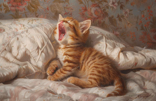A cute kitten yawns on a bed, in light orange and light maroon style