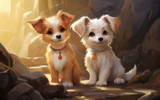 Small white and brown dogs on gravel, light orange and light maroon