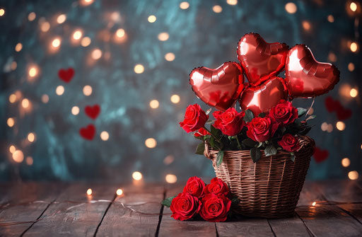 Valentine's Day setup, heart balloons and roses in a basket