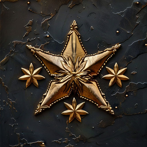 Golden star symbol with 4 stars in poetic, massurreal style