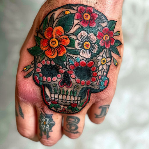 Knuckle tattoos of a floral skull