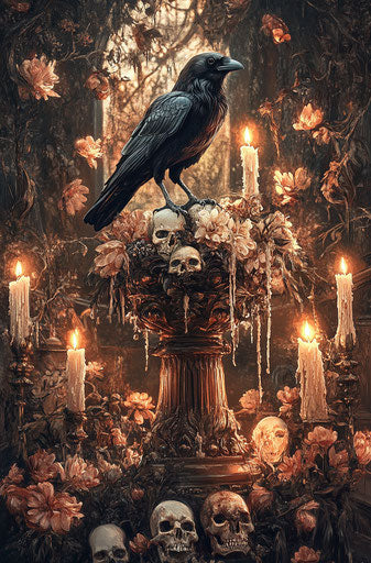 Raven on ornate vial, candles and flowers, scattered skulls. Dark fantasy art, gothic style, vintage oil painting. 29:44