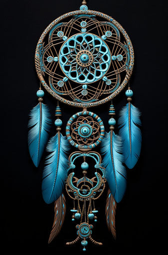 Blue dream catcher with blue feathers, intricate woodcut style