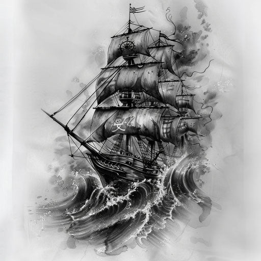 Detailed black and grey pirate ship tattoo with swirling sea and compass on white background
