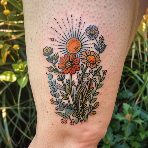 Wildflower tattoo with sun, warm colors, detailed rays, cheerful design
