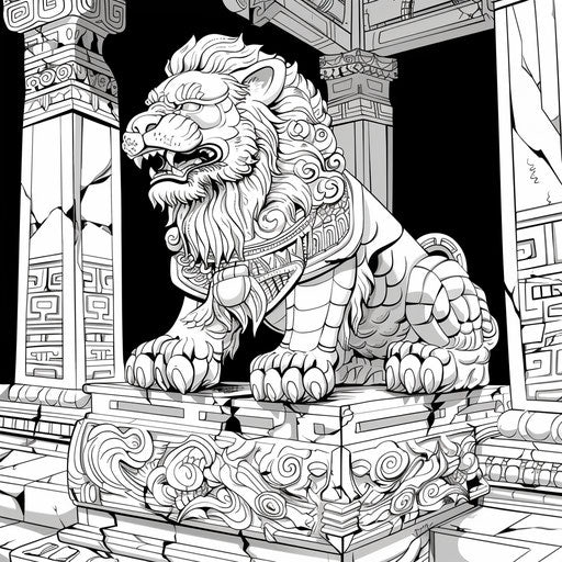 Lion in an ancient temple in the style of Mamoru Hosoda