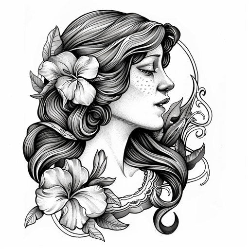 Elegant woman with flowing hair and floral motifs