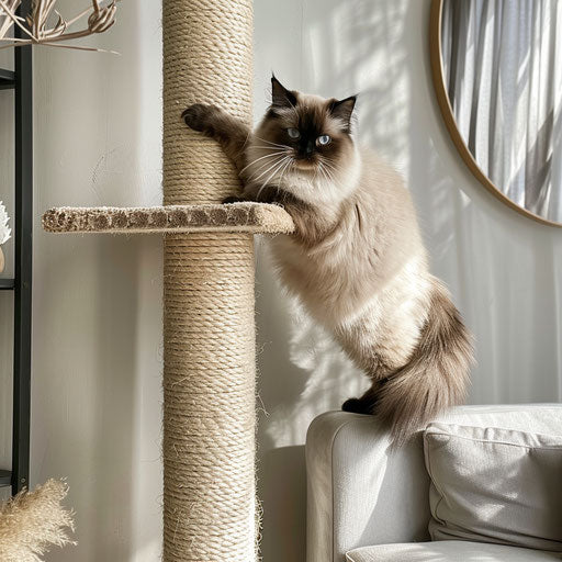 Himalayan cat climbs scratching post in stylish apartment