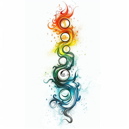 Three dots linked to elemental symbols in a mystical style