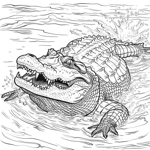 Powerful alligator diving into water. Coloring book page