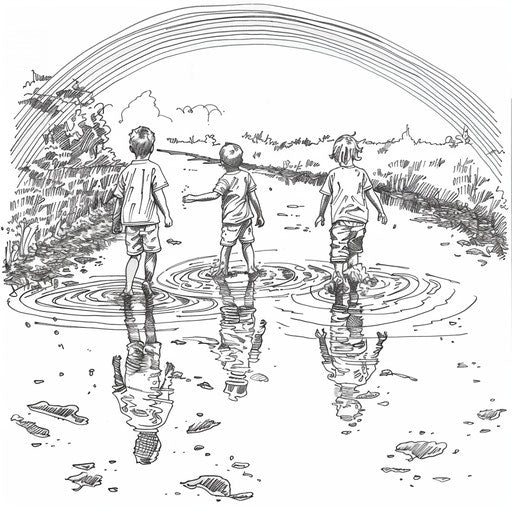 Rainbow reflected in a puddle with children splashing around