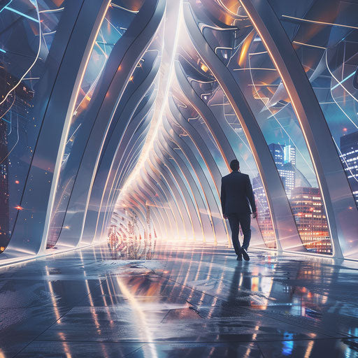 A businessman walking in a futuristic tech hub
