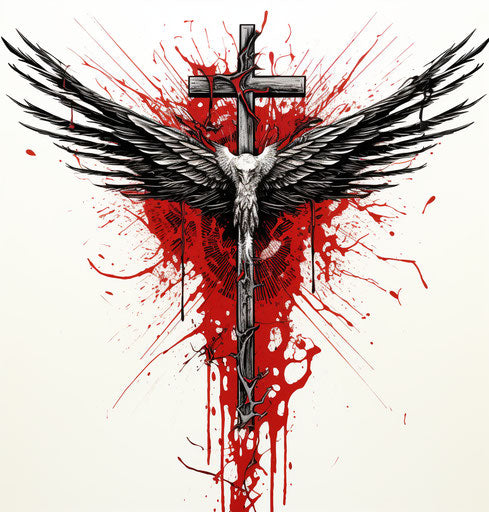 Winged thorny cross on white background, woodcut style