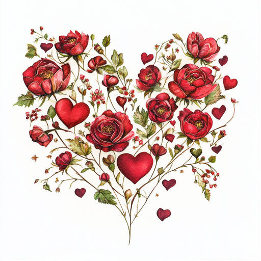 Heart-shaped arrangement of red roses and hearts