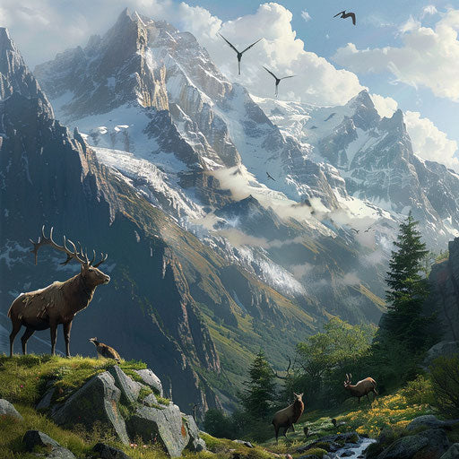 High-altitude scene with animals uniquely adapted to mountains