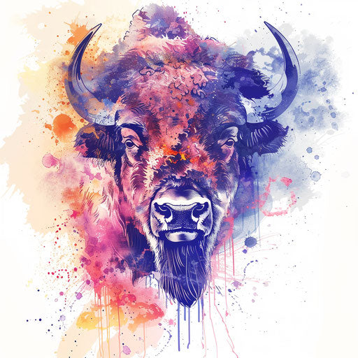 Dynamic flat clipart style tattoo sketch of a bison with splashes of watercolor