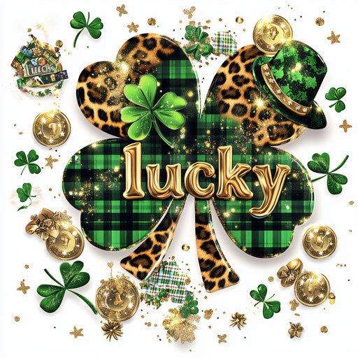 Lucky shamrock with leopard and plaid on white background