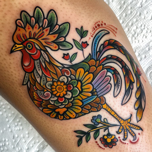 Colorful rooster tattoo inspired by Mexican folk art on white cloth